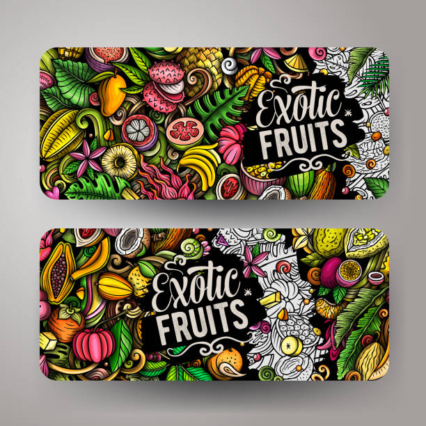 Cartoon vector doodle set of Tropical Fruits banners Cartoon vector doodle set of Tropical Fruits banners templates. Corporate identity for the use on apps, branding, flyers, web design. Funny natural food colorful illustration. mango fruit drawing stock illustrations