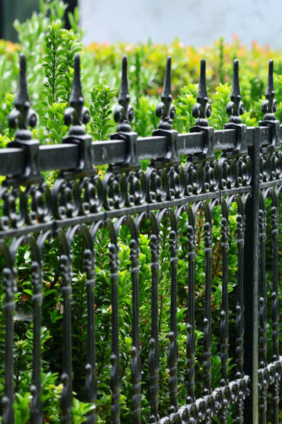 istock Old fashioned decorative wrought iron fence 2155727413