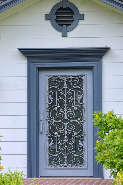 istock Old fashioned screen door with decorative metalwork 2155727467