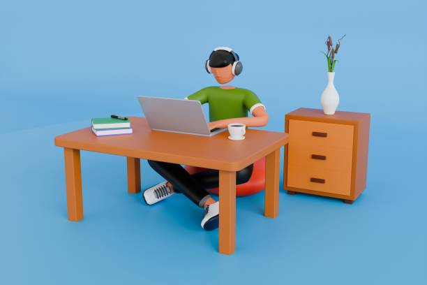 istock Freelancer working from home 3d illustration. Freelancer working while sitting at home 3d illustration 2155731279