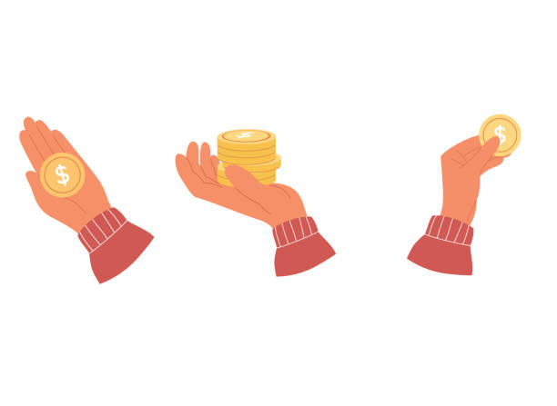 istock Collection of illustrations with hand holding gold coins. Hand with stack of coins on palm 2155732141
