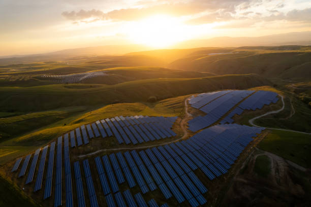istock Aerial view of solar panel at sunset set 2155735204