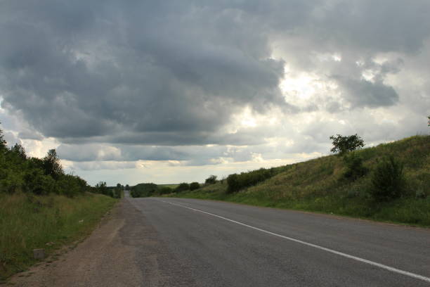 A road with grass and trees on the side. Sky. Outdoor. Road. Scene. Way