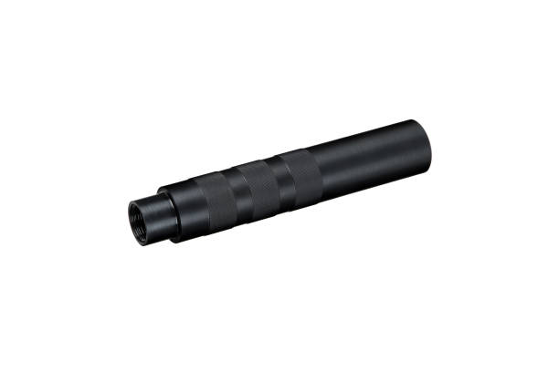 istock Black silencer for weapons. Suppressor that is at the end of an assault rifle. Isolate on a white background. 2155736017