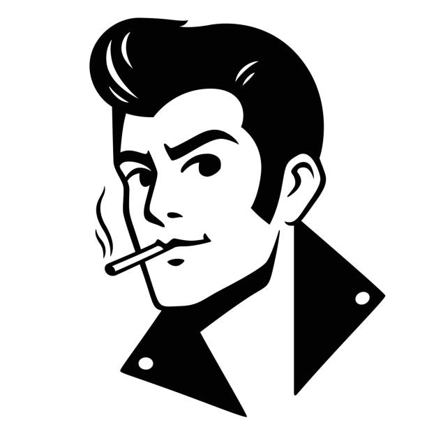 Black and white greaser character portrait drawing Black and white greaser character portrait drawing. Retro 50s style young man with cigarette and pompadour hairstyle. Vector illustration. japanese pompadour stock illustrations