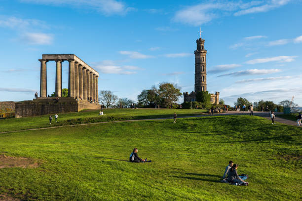Dugald Stewart Monument in Edinburgh, view form carlton hill. Vertical photo.