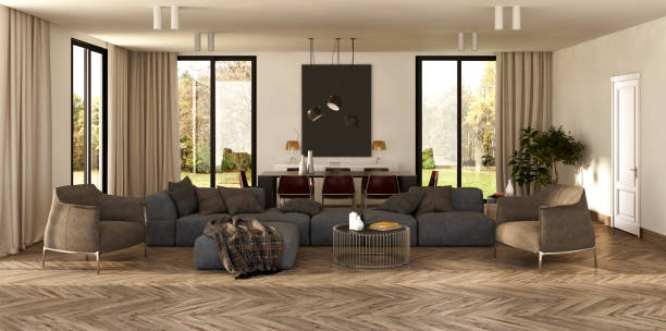 istock Large luxury modern bright interiors Living room mockup illustration 3D rendering image 2155749394