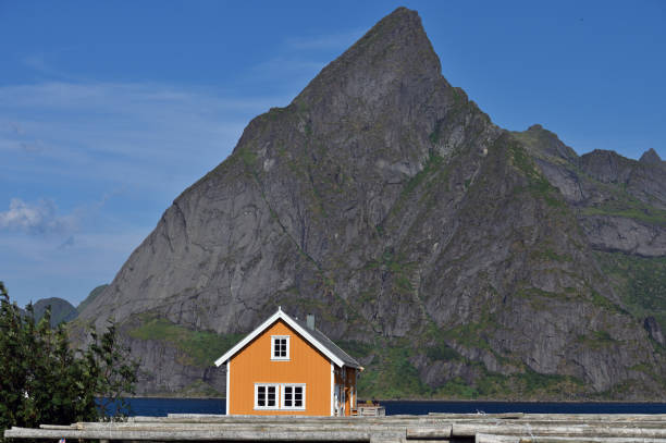 Typical Norwegian fishing village building on Reinefjord, Hamnoy Village on Lofoten islands.