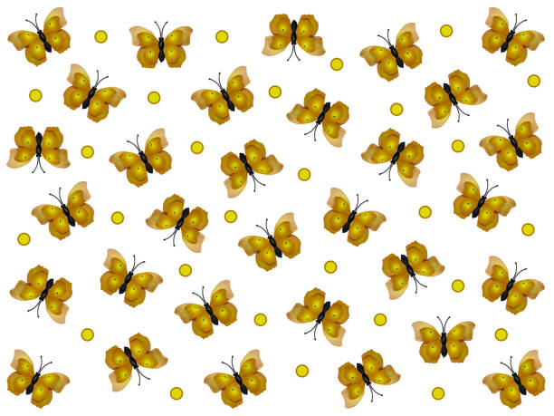 The background is white with yellow butterflies and yellow circles. White background with butterflies and circles