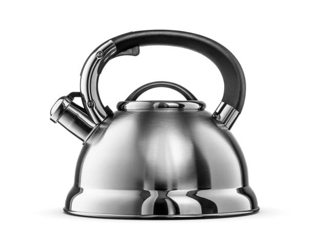 istock Metal stovetop kettle with whistle, side view . Kitchen utensil isolated on white. 2155761357