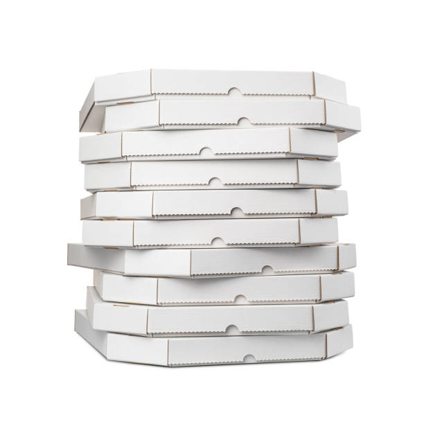 istock Heap of ten closed paper cardboard pizza plain boxes isolated white. Side view. 2155761387