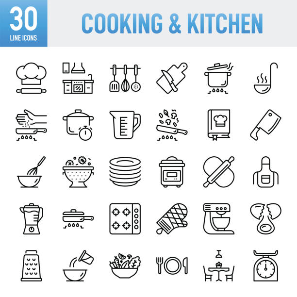 bildbanksillustrationer, clip art samt tecknat material och ikoner med cooking & kitchen - thin line vector icon set. pixel perfect. for mobile and web. the set contains icons: kitchen, food, cooking pan, frying pan, baking, multicooker, kitchen knife, chef, hat, bowl, domestic kitchen, mixing bowl - kökstillbehör