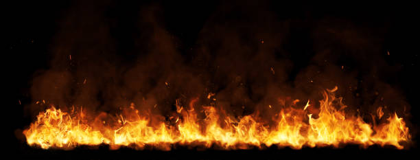 horizontal fire with flying sparks in front of black background. 3D Rendering
