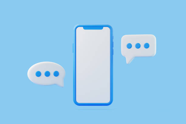 istock Blue smartphone with a blank screen surrounded by white chat bubbles, representing online messaging and communication on a blue background 2155764976