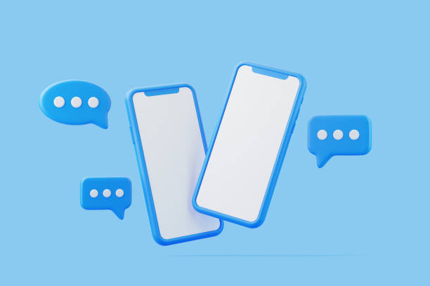 istock Two smartphones with blue chat bubbles on a light blue background, depicting online messaging 2155764982