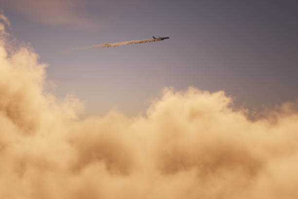 airplane with contrails flying over clouds. 3D Rendering