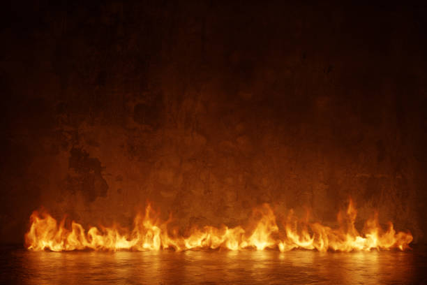 grunge-wand mit horizontal loderndem feuer. 3d-rendering - brennen stock-fotos und bilder