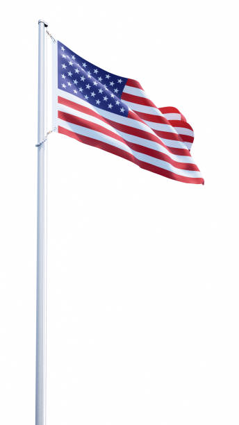 United States Flag Waving Isolated on White Background 3d rendering. Waving US American flag on metal pole isolated on white background. flagpole stock pictures, royalty-free photos & images