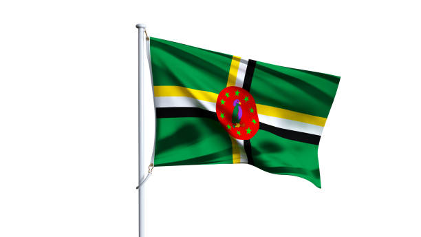 Flag of Dominica on airport departure information board. Close-up. Roof construction in the background. Blue color. Horizontal orientation. Ne people. Copy space.