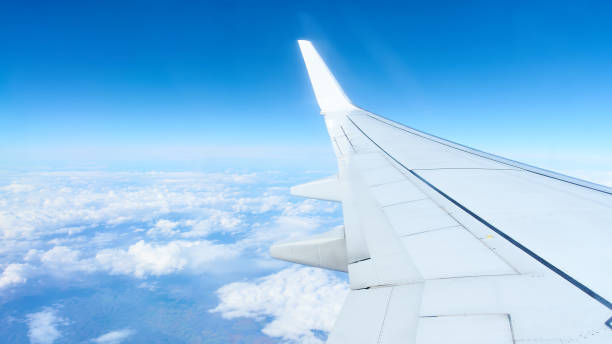 Airplane wing and Earth view from airplane window.