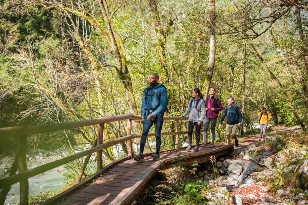istock Diverse Group of Friends on Forest Hike Crossing Bridge 2155777930