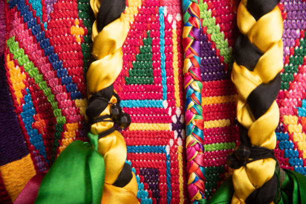 Mexican Latin woman from Oaxaca Mexico, indigenous from the Guelaguetza A colorful piece of fabric with a black and yellow braid