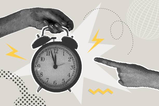 Trendy halftone collage. A hand holds a ringing alarm clock. Time, hurry up. Vector business concepts for graphic and web design, marketing and print materials, social media. Vector illustration