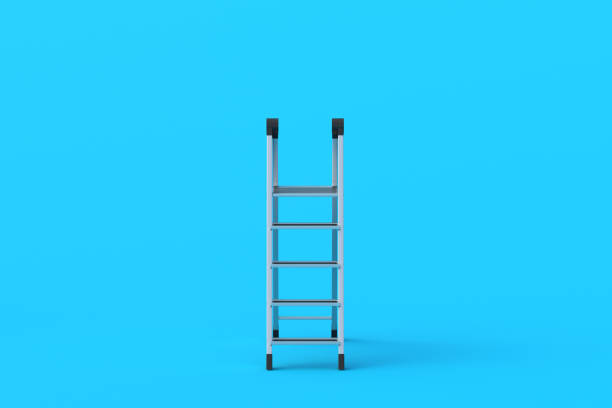 istock One foldable stepladder on blue background. Portable aluminum ladder. Household tool. Instrument for renovation. 3d render 2155782453