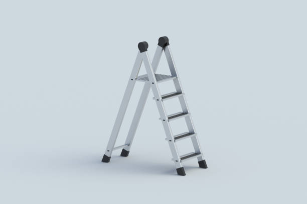 istock Foldable stepladder on gray background. Portable aluminum ladder. Household tool. Instrument for renovation. 3d render 2155782455