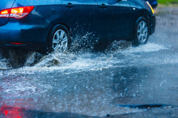 Splashes of water from passing car. Wet road.