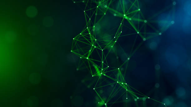 istock Abstract Green and Blue Light Flares with Plexus Random Turbulence Connected Lines, Dots, and Triangles Wireframe, Flying Blurry Hazy Glitter Bokeh 2155787086