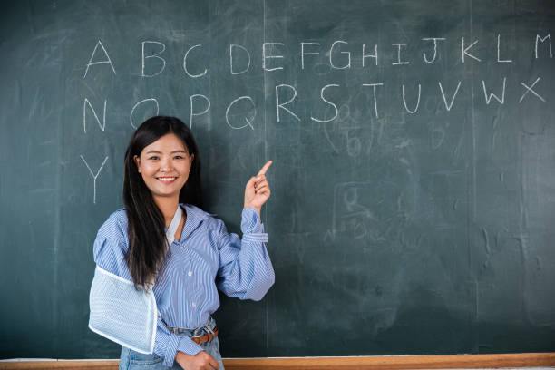 istock A woman is pointing at the alphabet on a blackboard 2155795530