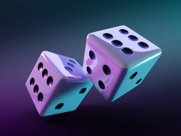 istock Neon 3d play casino game cube dice on dark black background render. Two white die roll with random numbers in motion. Night banner for vip gambling and board games, Vegas online app 2155803257