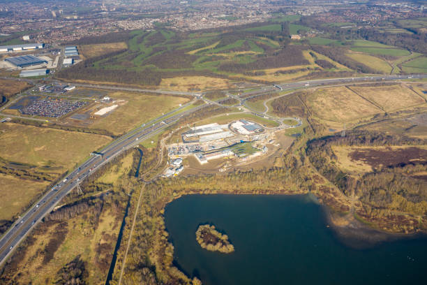 istock Aerial photo of construction work being done on the large service station while its being built in Leeds West Yorkshire, next to the Skelton Lake, the Skelton Lake Services if just of the M1 Motorway 2155807140
