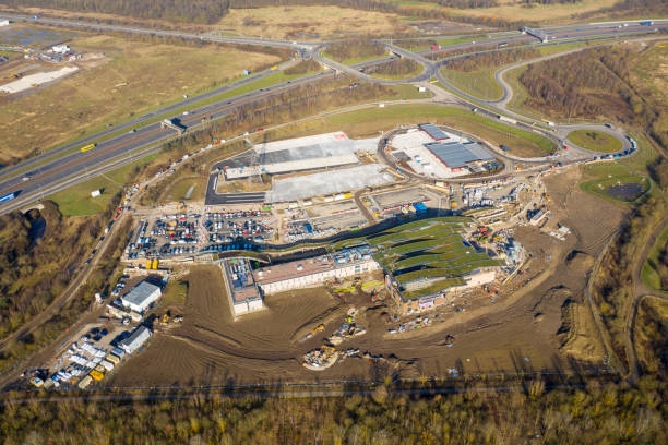 istock Aerial photo of construction work being done on the large service station while its being built in Leeds West Yorkshire, next to the Skelton Lake, the Skelton Lake Services if just of the M1 Motorway 2155807141