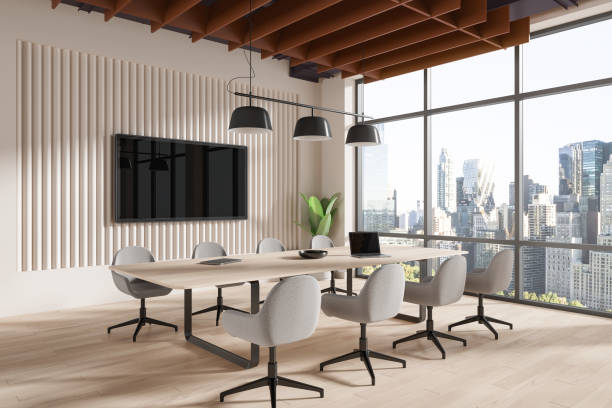 istock Beige conference interior with table and chairs, tv screen and panoramic window 2155807662