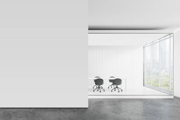 istock Stylish office room interior with meeting board, panoramic window. Mock up wall 2155808398