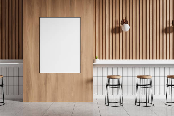 istock Wooden cafe interior with chairs in row and table with mockup frame 2155808454