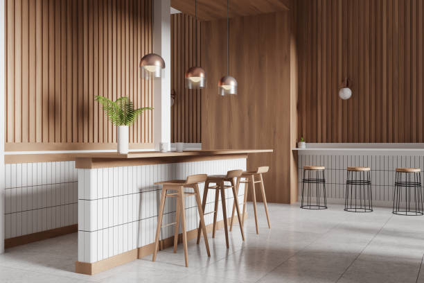 istock Wooden coffee shop interior with bar counter and eating zone 2155808525