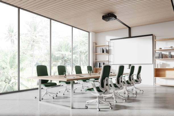 istock Conference room interior with furniture and projection screen, panoramic window 2155808934