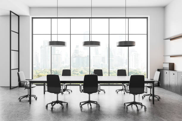 istock Glass conference room interior meeting table and chairs, panoramic window 2155808959