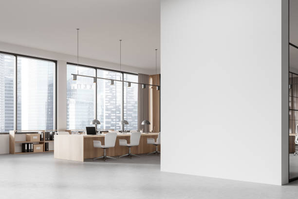 istock Office meeting room interior with chairs and table, window. Mock up wall 2155808991