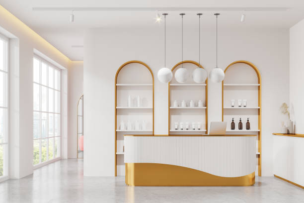 istock Minimalist salon interior with reception desk, laptop and panoramic window 2155809001