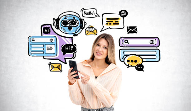 istock Smiling woman using smartphone and chat bot doodle with communication icons 2155809480