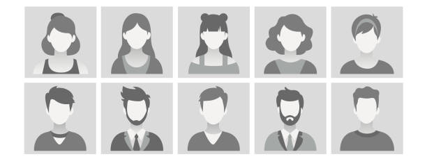grayscale default placeholder avatar user profile. person icon, gender neutral silhouette, profile picture for unknown or anonymous individuals. man and woman portrait for social media profiles, icons, screensavers and as a template - yakın çekim portre stock illustrations