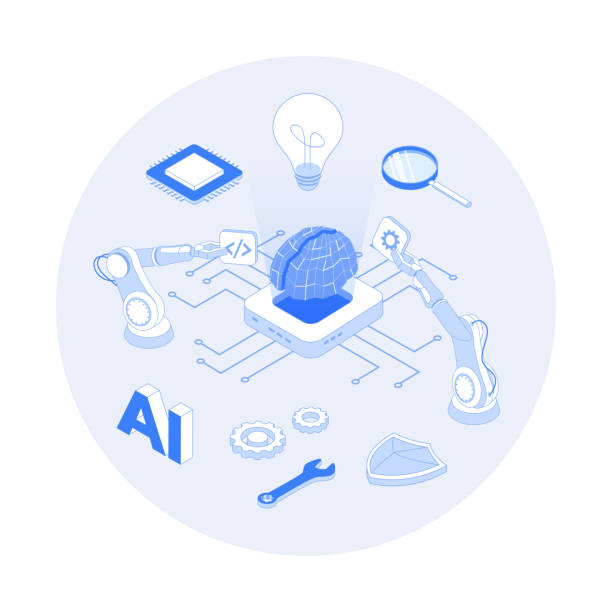 Artificial Intelligence AI, Digital brain, Artificial thinking process. Future technology, Machine learning, Smart brain computer, Neural networks. Vector outline illustration with isometry scene Artificial Intelligence AI, Digital brain, Artificial thinking process. Future technology, Machine learning, Smart brain computer, Neural networks. Vector outline illustration with isometry scene industrial robot concept stock illustrations