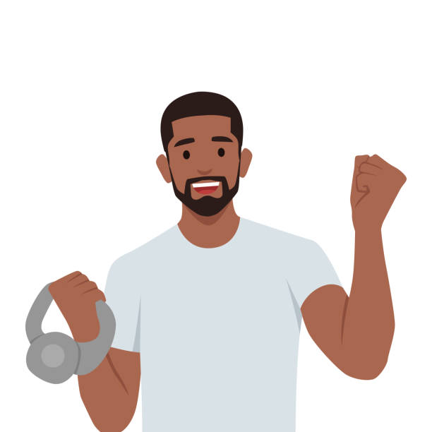 Athletic male lifting kettlebell demonstrate power. Athletic male lifting kettlebell demonstrate power. Flat vector illustration isolated on white background cartoon muscular man lifting heavy weights stock illustrations