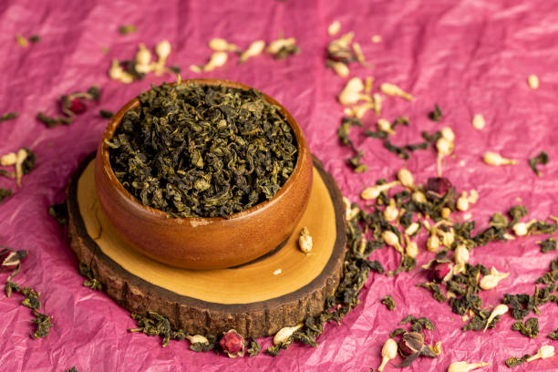 istock natural Dried green tea with jasmine and rose 2155817073