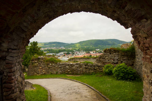 Photograph of the interiors of the Trenčín castle wall where you can see part of the castle and the views of the city. Trenčín, Slovakia 02/08/2019