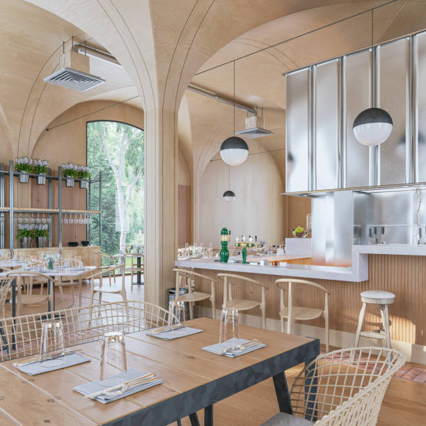An old cafe with cedar wood tables and chairs